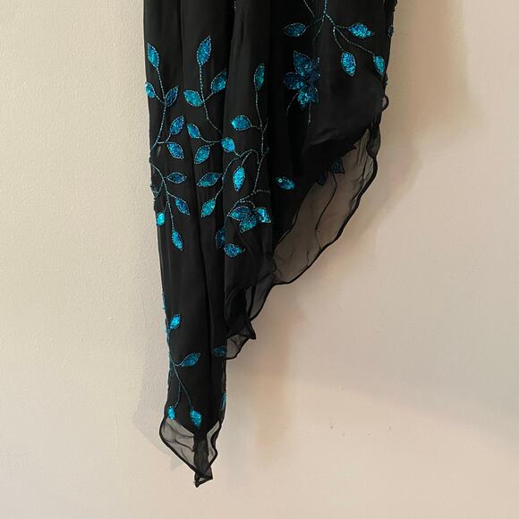 Cache Y2K Black Blue 100% Silk Beaded Floral Halter Midi Dress Women's size XS - Picture 5 of 12